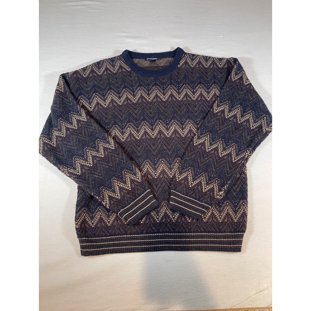 Knightsbridge Mens Chevron Zigzag Knit Sweater Navy Brown Cream Crew Neck Medium